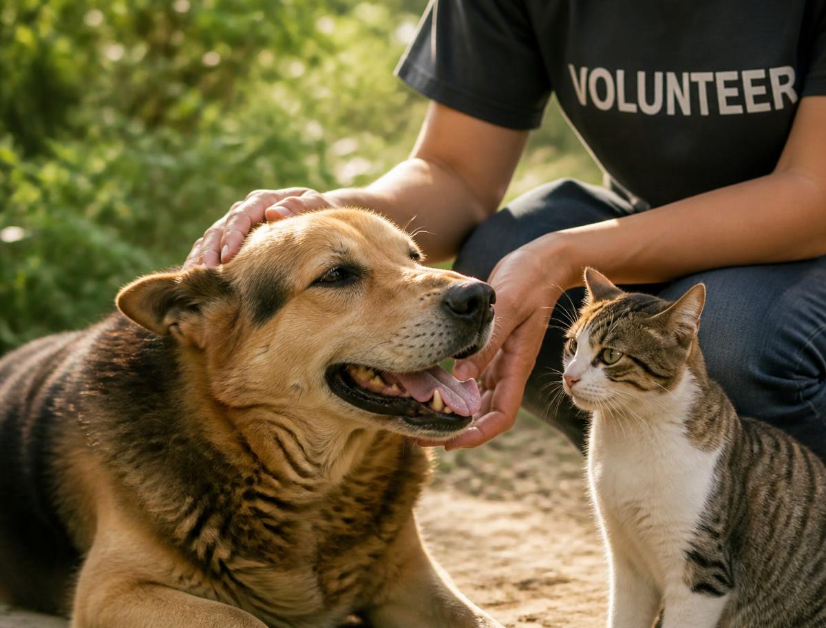 Voluntário cuidando de um cão e um gato resgatados